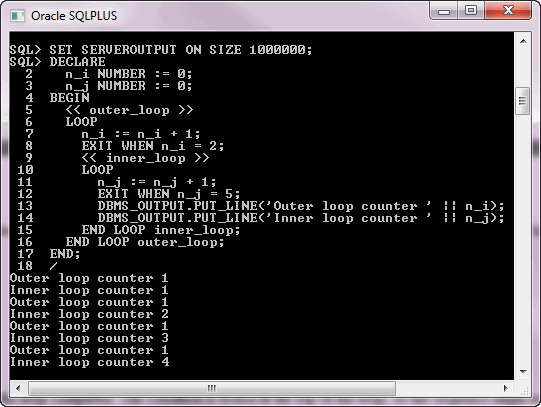 PL/SQL Loop Label Example Output SQL*PLUS PL/SQL Loop Label Example Output SQL*PLUS